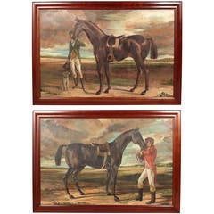 Pair of Framed Equestrian Paintings on Canvas