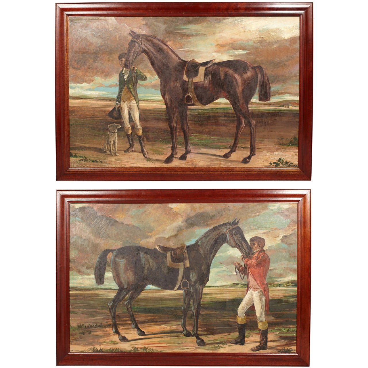 Pair of Framed Equestrian Paintings on Canvas For Sale