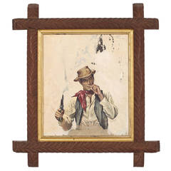 Book Cover Illustration of Cowboy in Antique Adirondack Frame