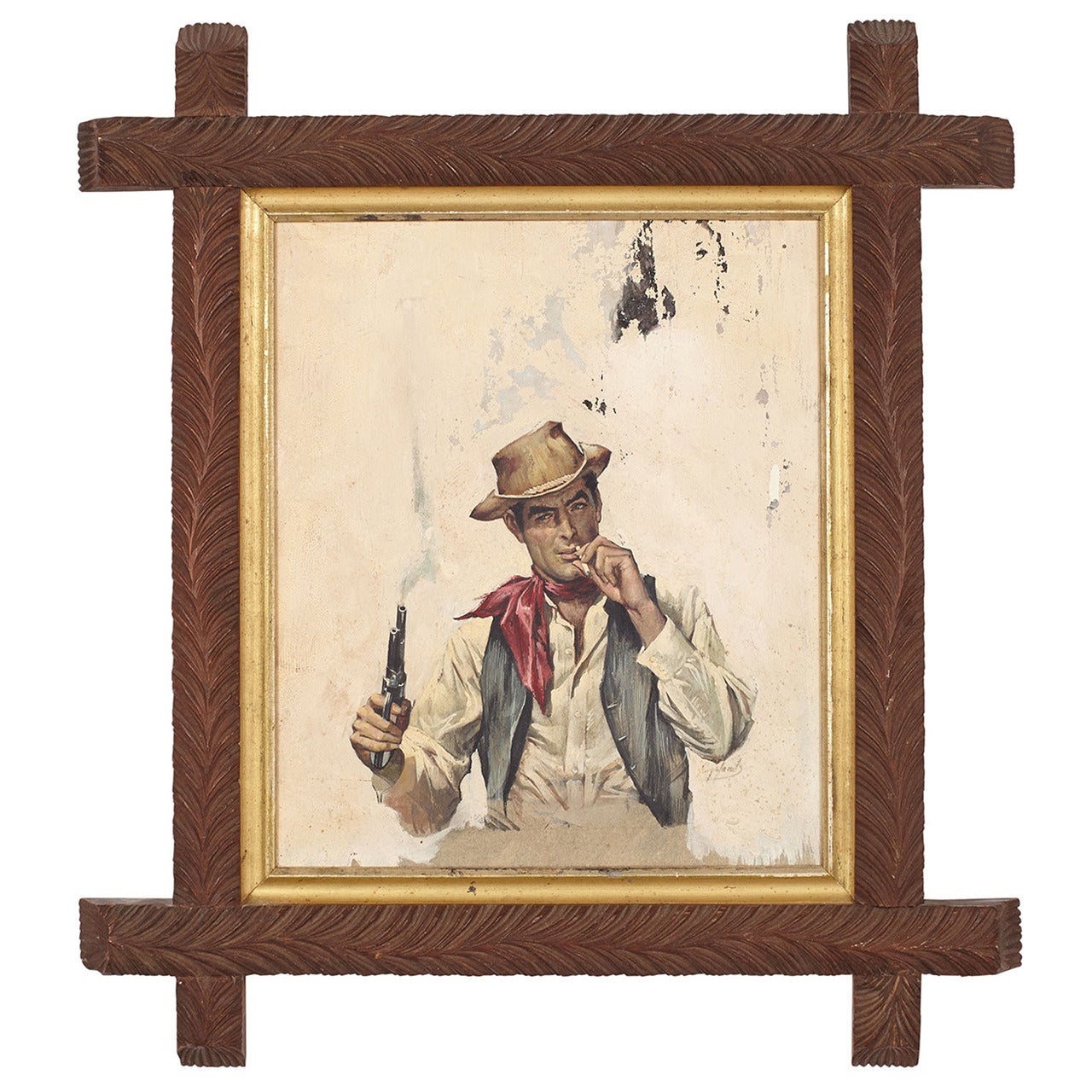 Book Cover Illustration of Cowboy in Antique Adirondack Frame For Sale