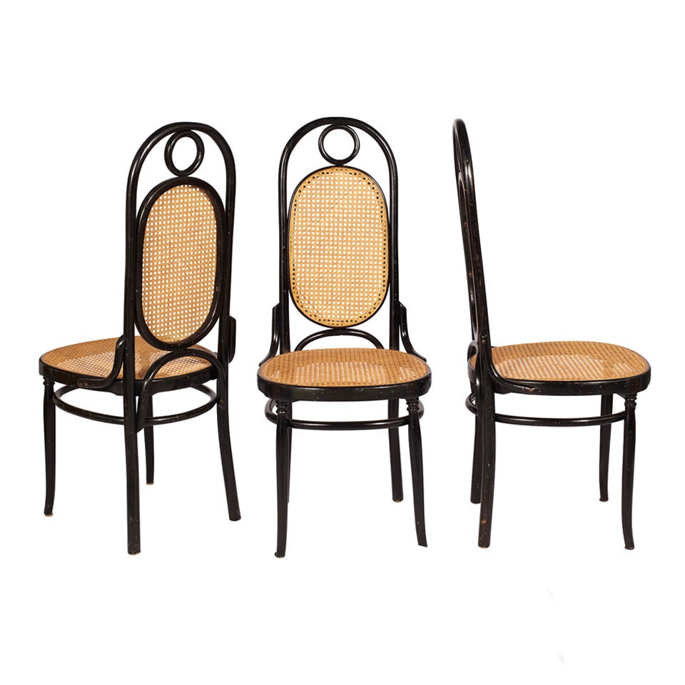 A set of six bentwood chairs each with elongated backs, black painted finish and cane seat and back. 

Set includes two chairs with arms and four without arms.