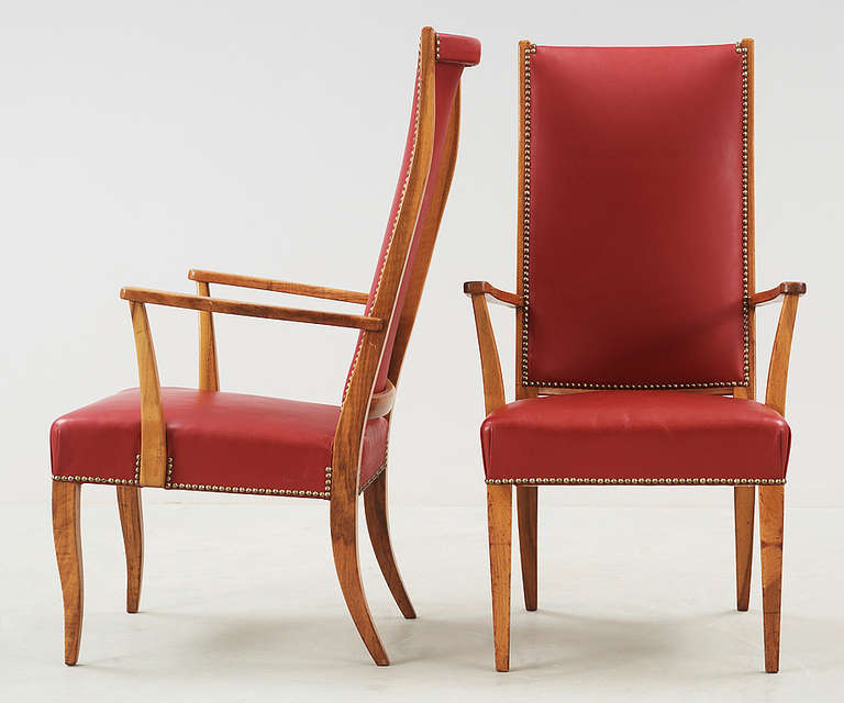 Scandinavian Modern Josef Frank chairs in red leather, Sweden 1950s