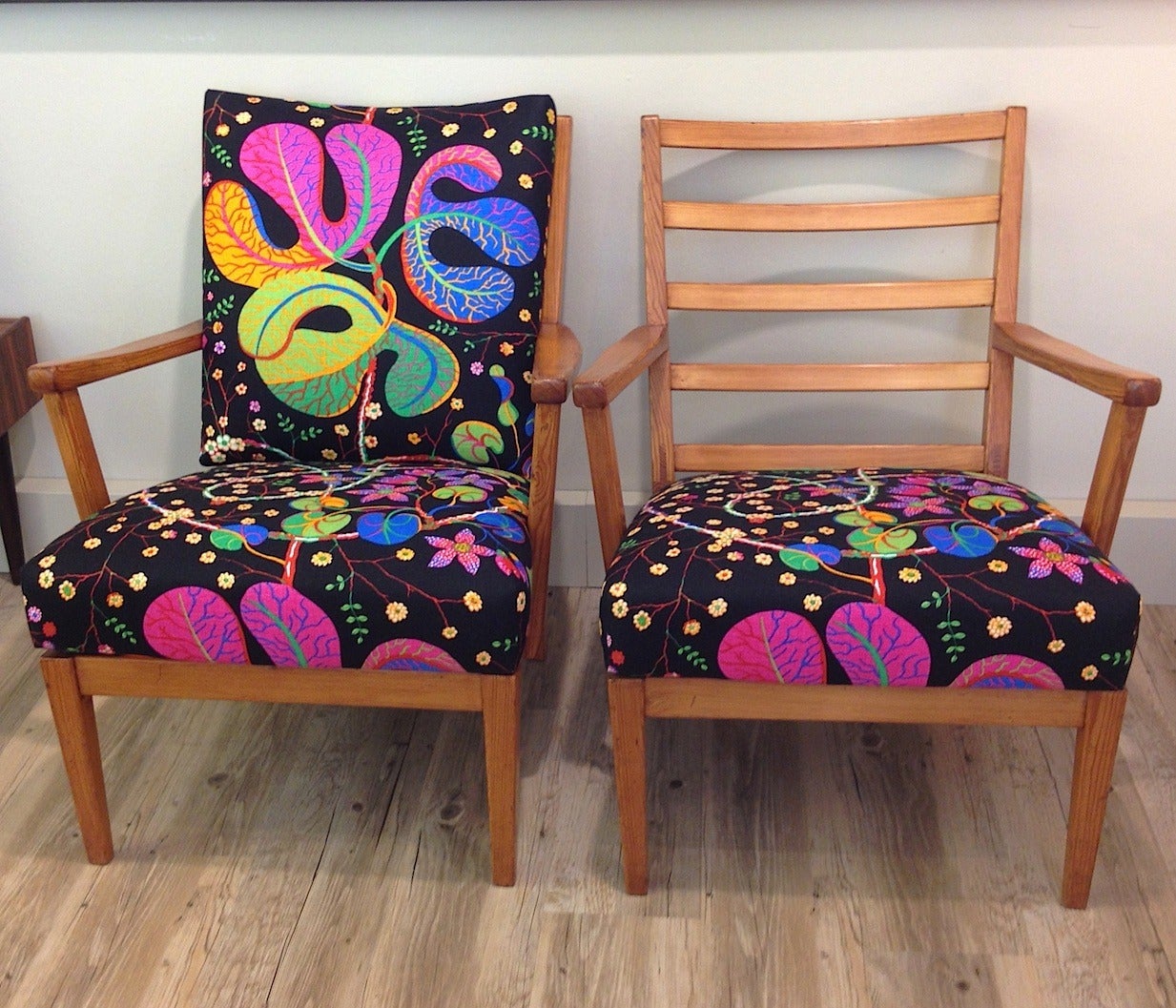 Pair of Carl Malmsten pinewood chairs. Original Cushions redone with Josef Frank hand printed linen fabric 