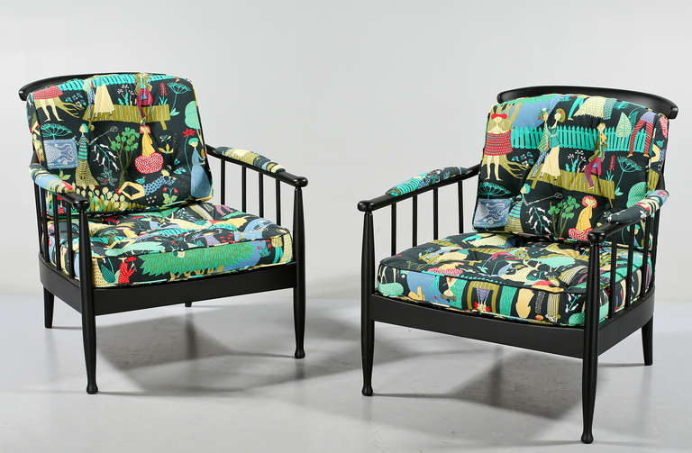 Armchairs are recovered with Stig Lindberg fabric 