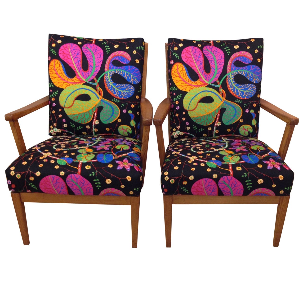 Carl Malmsten "Stugan" Cottage Armchairs with Josef Frank Fabric, Sweden, 1950s