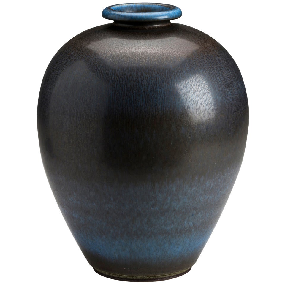Berndt Friberg Blue And Brown Hare's Fur Glaze Vase, Signed. For Sale