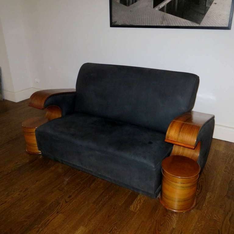 This sofa was totaly restored some years ago: new upholstery with black suede
The leather is really black and not stained.
Diameter of the barrel: 28,5 cm / 11,2 in.
Reduced from $6,700