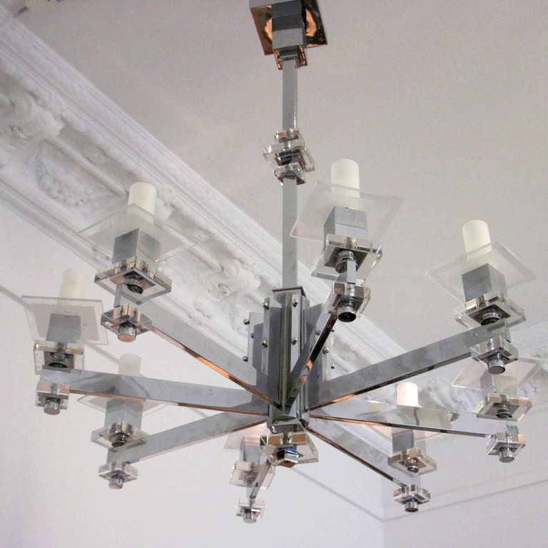 Chrome 8-Arm Chandelier attributed to Jacques Adnet France 1930