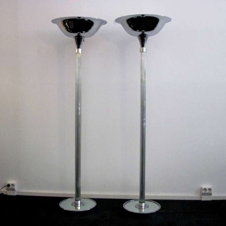 Pair of Chromed Floor Lamps with Glass Rods, England 1930's