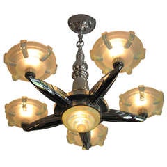 Closing SALE - 5-Arm Chandelier By Petitot France 1930's with Glass By Ezan