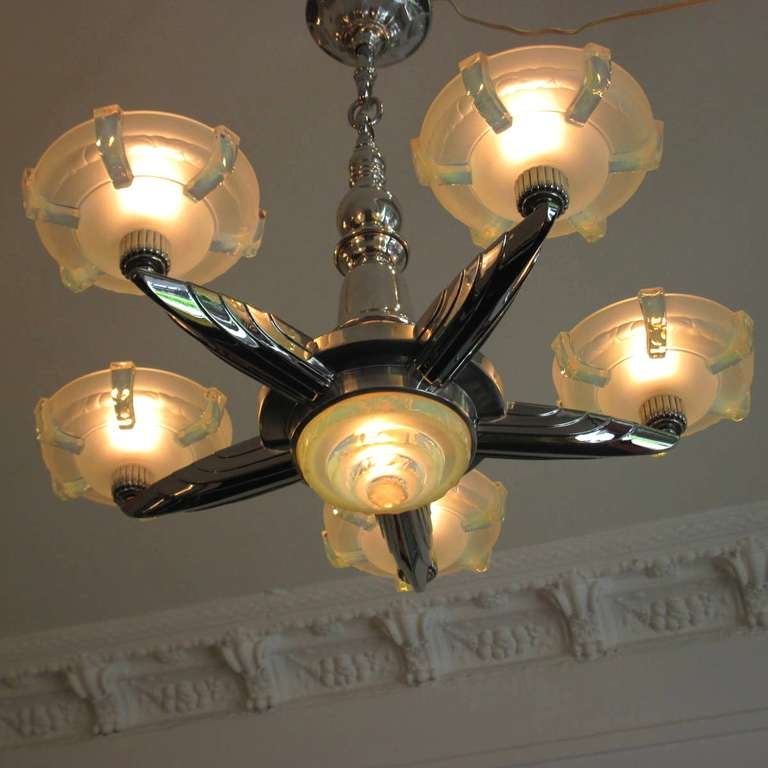 Closing SALE - 5-Arm Chandelier By Petitot France 1930's with Glass By Ezan
