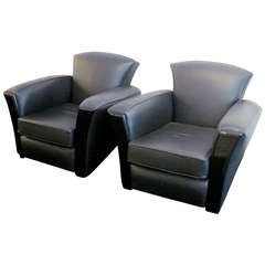 Closing SALE - Pair of Black Leather Club Chairs, France 1930
s - 1940
s