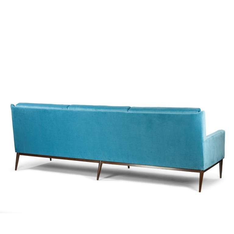 Large sofa by Paul McCobb, reupholstered in velvet. Label to underside.