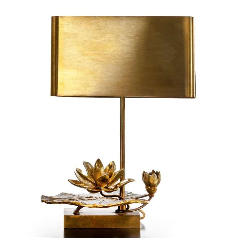 High quality gilt bronze table lamp with patinated brass shade, Model 'Nenuphars' or waterlily designed by Chrystiane  Charles for Maison Charles. Signed 'Charles- Made in France'.