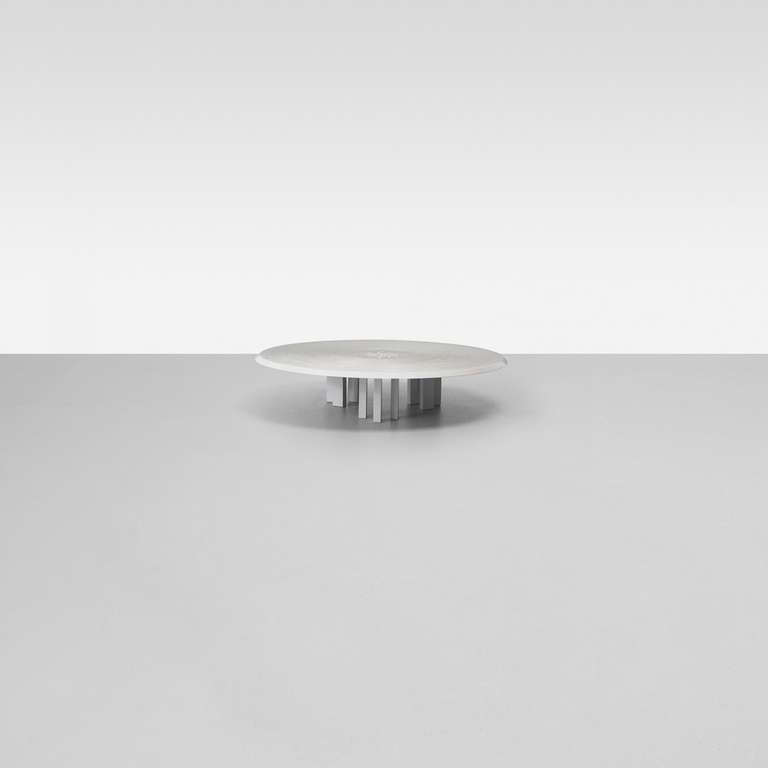 Exceptional coffee table in sculpted cast resin with  enamelled steel base and inset bone decorative detail. Signed Dresse to top.
Belgium c 1970.
