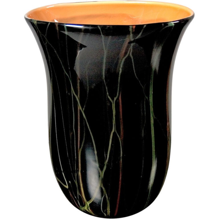 Mid-Century Modern black glass vase with coral glass interior by Moretti, Italy