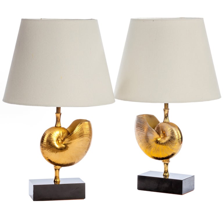 Pair of Bronze Nautilus Shell Lamps For Sale