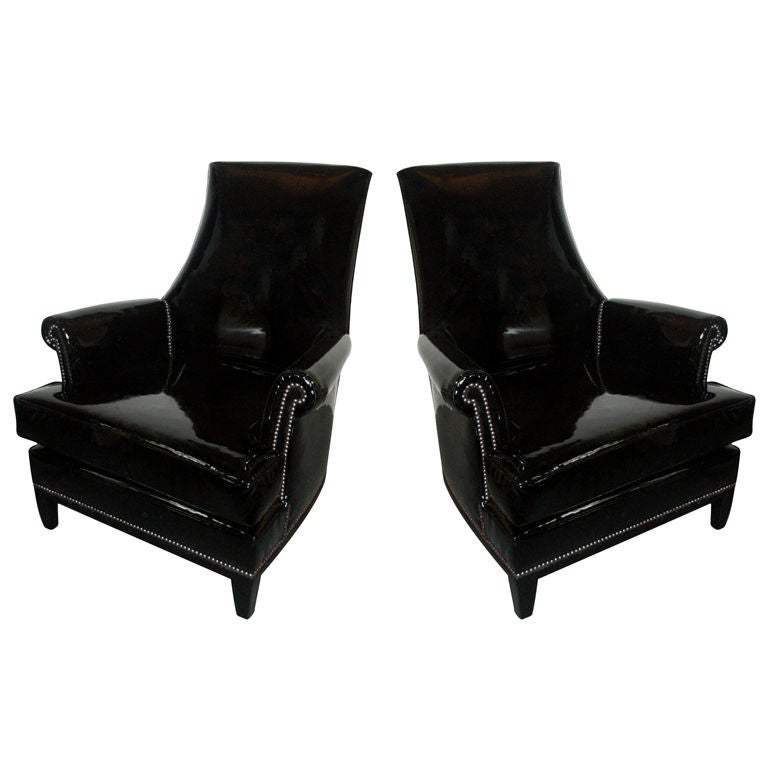 Pair of Armchairs Upholstered in Black Patent Leather