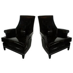 Pair of Armchairs Upholstered in Black Patent Leather