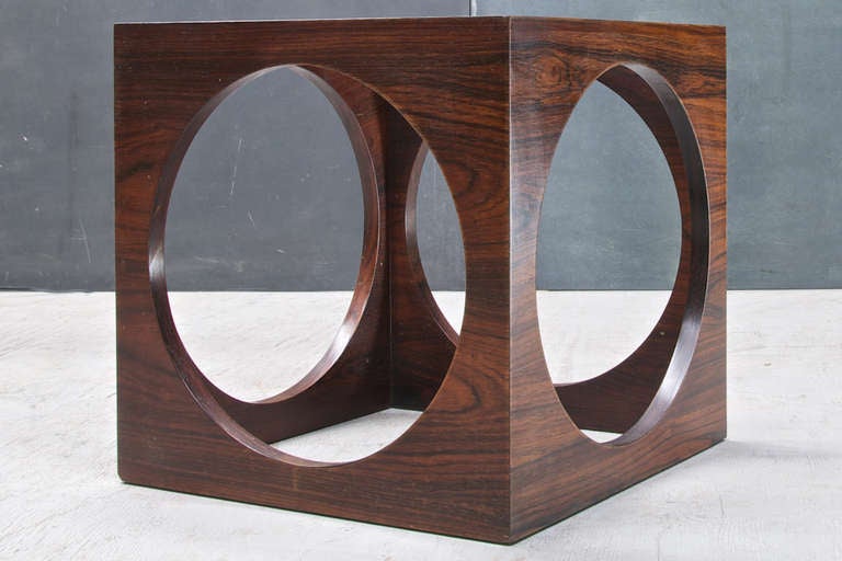 Vintage Sixties Pop Art Modern Geometric Rosewood Side Table.  Rosewood and Glass. Very Good Vintage Condition.

W: 14.75 x D: 14.75 x H: 14.75 in.