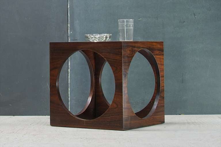 1960's Mid Century Modern Geometric Rosewood & Glass Cube Side Table 1