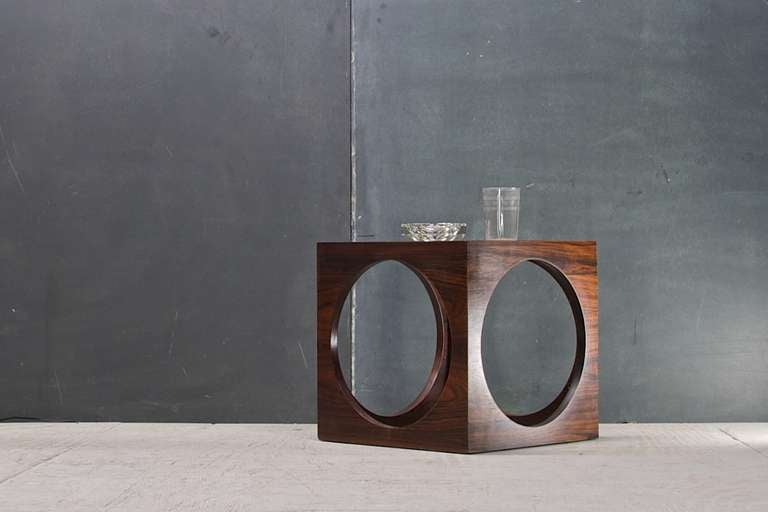 1960's Mid Century Modern Geometric Rosewood & Glass Cube Side Table 2