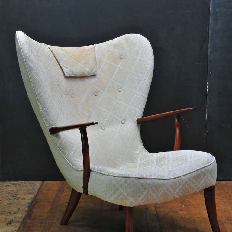 Beech 1950's Mid-Century Danish Wegner Style Wingback High Backed Armchair Ottoman