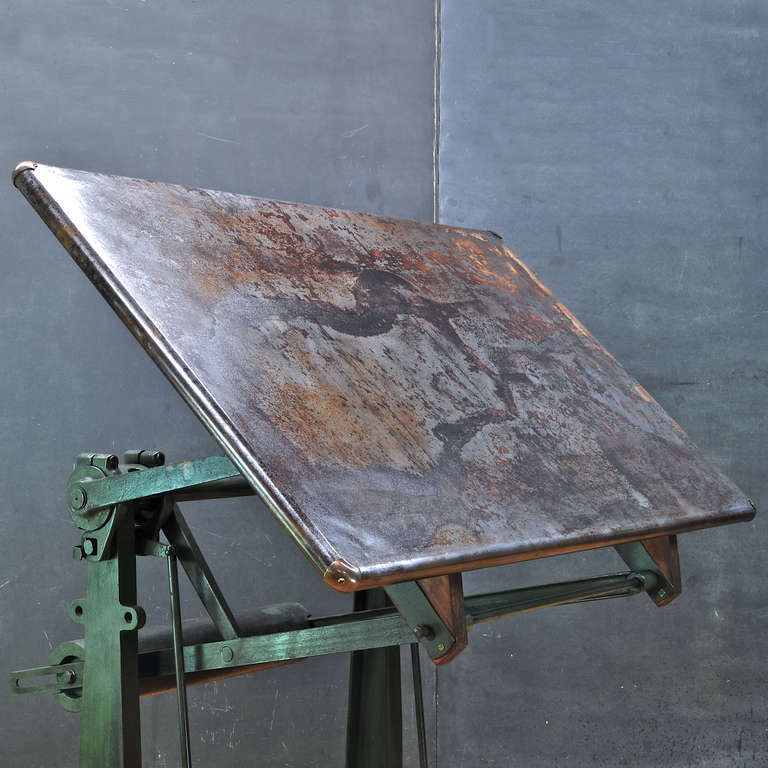 1930's Industrial Drafting Table German Factory Cast Iron Steel Top Counterbalance In Good Condition In Hyattsville, MD