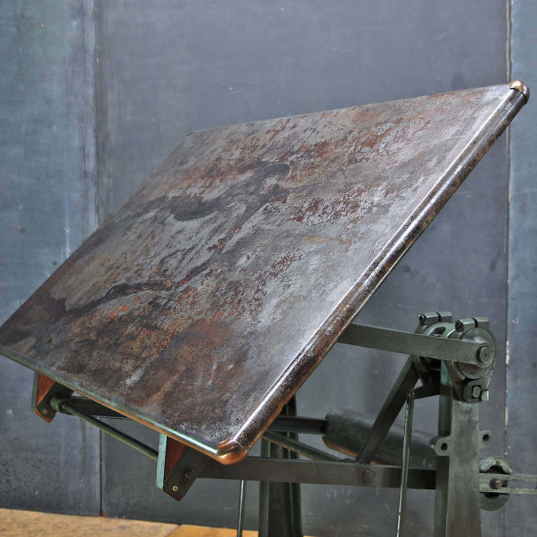 Mid-20th Century 1930's Industrial Drafting Table German Factory Cast Iron Steel Top Counterbalance