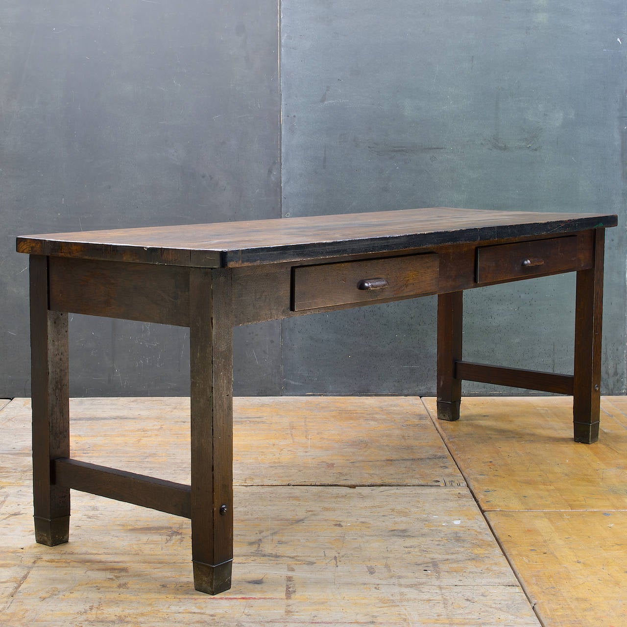 Antique Laboratory Table. Much Patina to all Surfaces. Very Heavy, Solid Oak Skirt, Drawers, Legs, staved Maple Top, Cast Bolts, Cast Iron Leg Cups. A Rare early production example from this casket and furniture company, produced between 1903-1909,