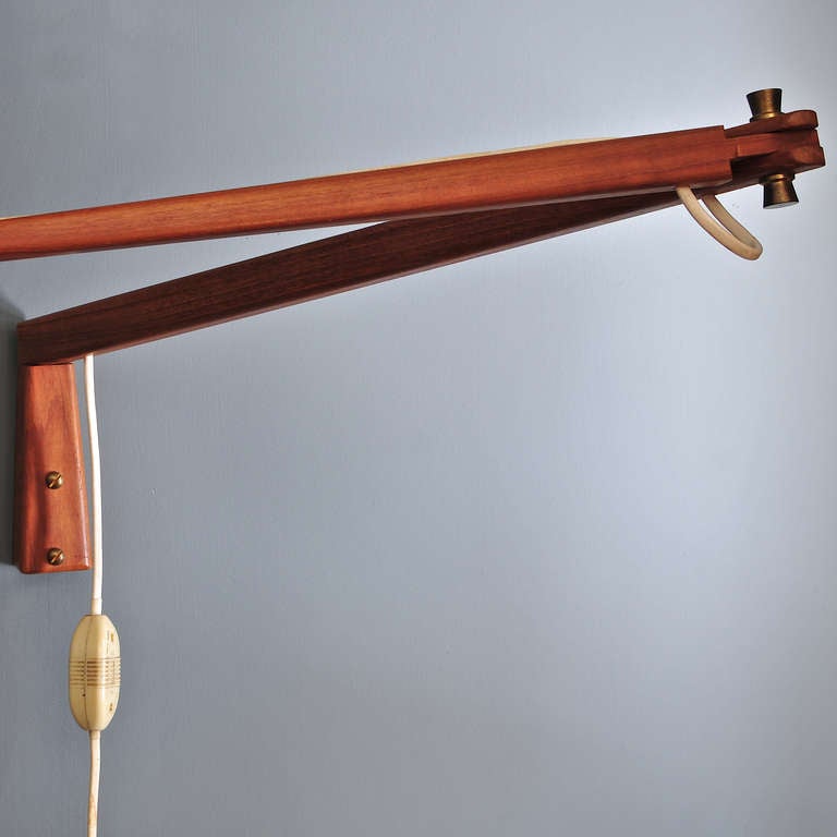 Carved 1950s Teak Articulate Wall Mount Reading Lamp