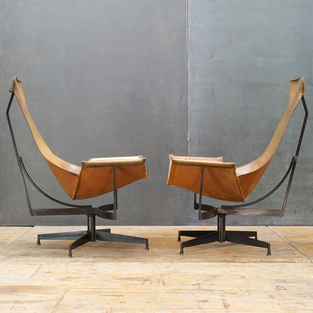 Forged 50s Leathercrafter Swivel K Leather Sling Lounge Chairs