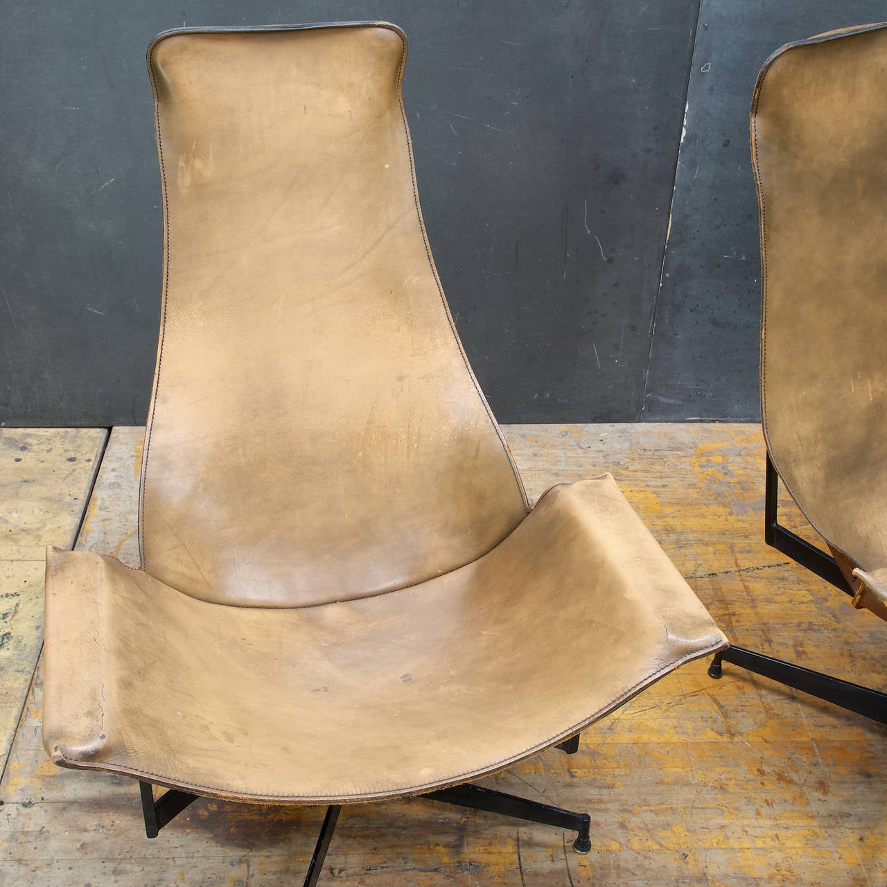 50s Leathercrafter Swivel K Leather Sling Lounge Chairs In Fair Condition In Hyattsville, MD