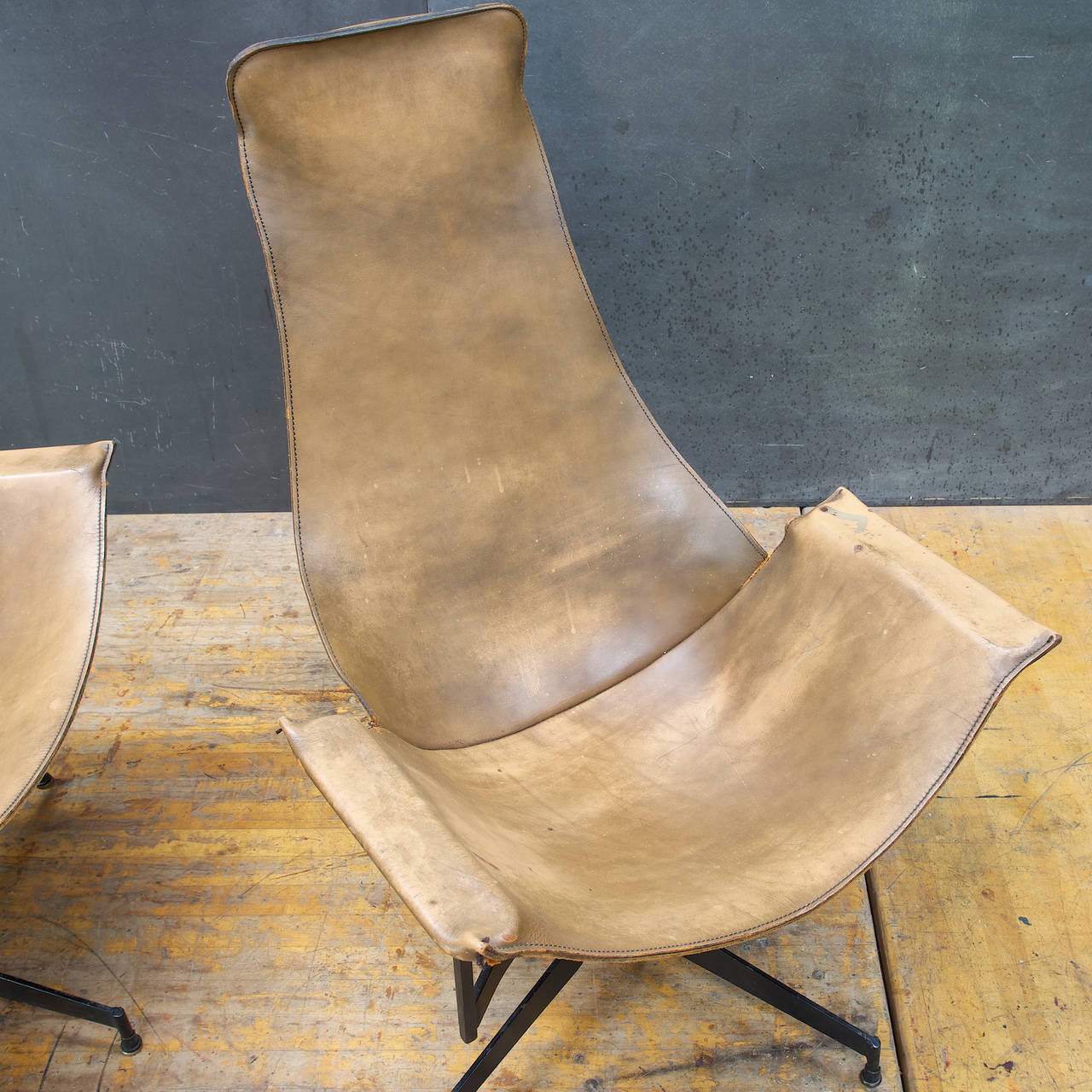 Mid-20th Century 50s Leathercrafter Swivel K Leather Sling Lounge Chairs