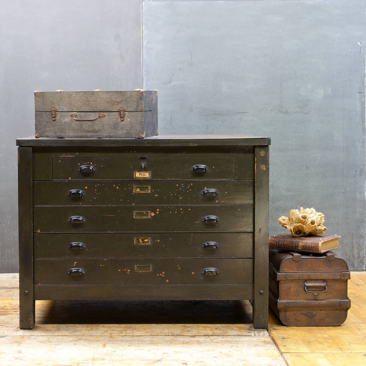 USA, c.1880s.  Industrial Factory Furniture Flat File Cabinet by the Gilbert & Barker Manufacturing Co. of Springfield, Massachusetts. Famous for their Gas Pump manufacturing throughout the early 20th century.

Brass Markers Mark, 