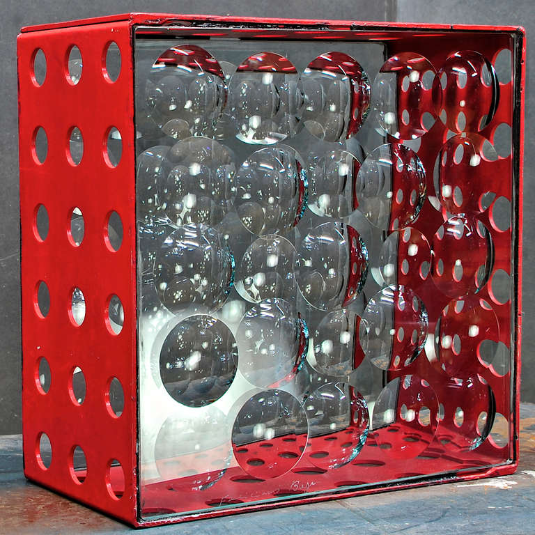 Feliciano Béjar Rui­z Magiscopic red perforated glass aluminum box. Bejar was a Mexican artist, best known for a style of sculpture called Magiscopios which involved various materials along with crystals and/or lenses to play with light or create