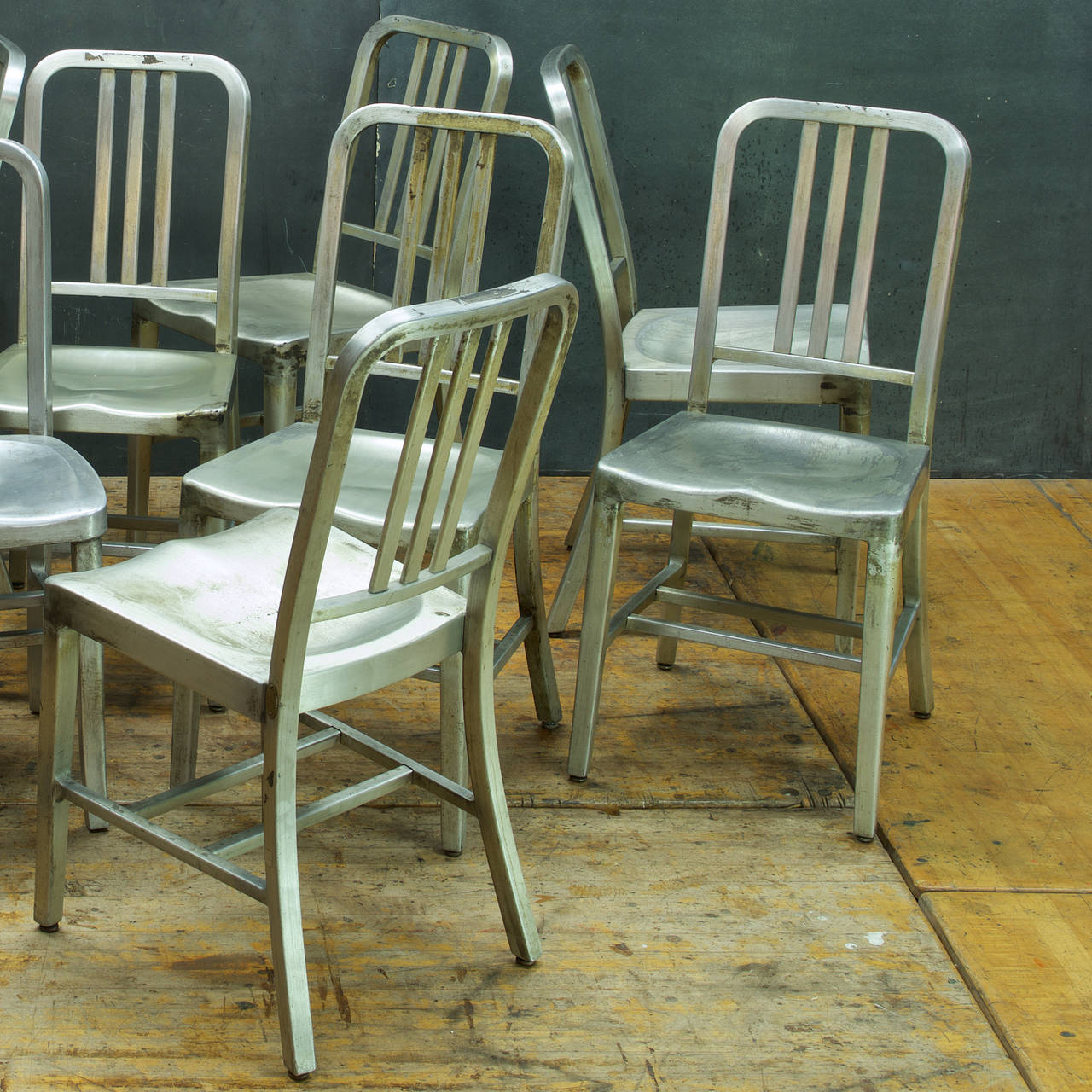 1940s Aluminum Machine Age Goodform Navy Side Chairs In Distressed Condition In Hyattsville, MD