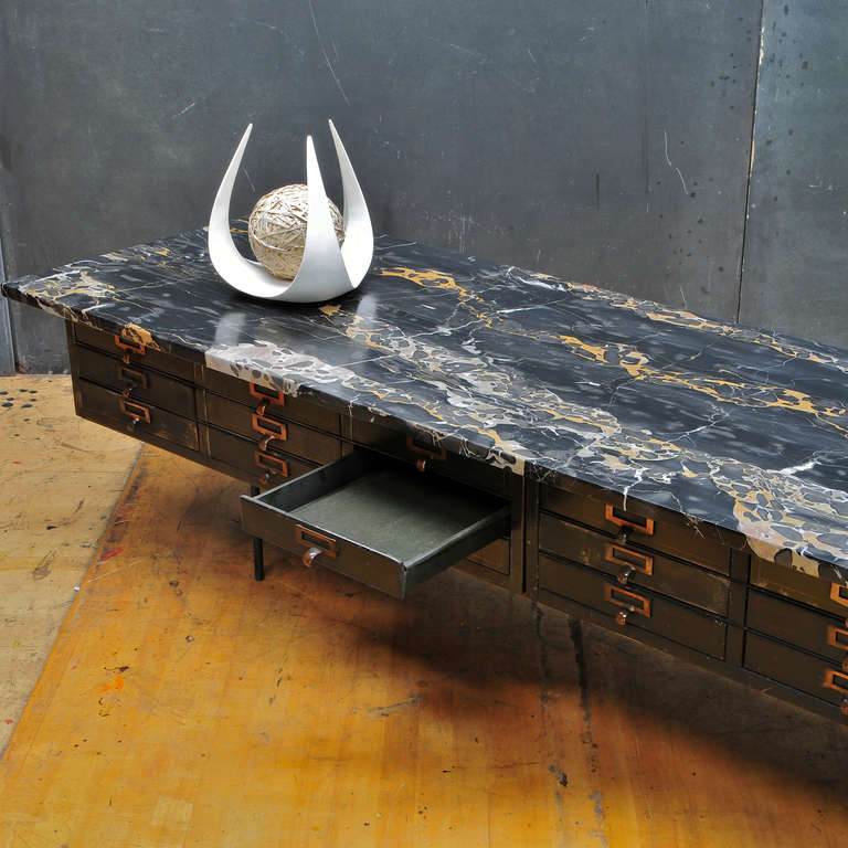 Steel Vault Chest Table with Palmaria Island Black and Gold Portoro Marble