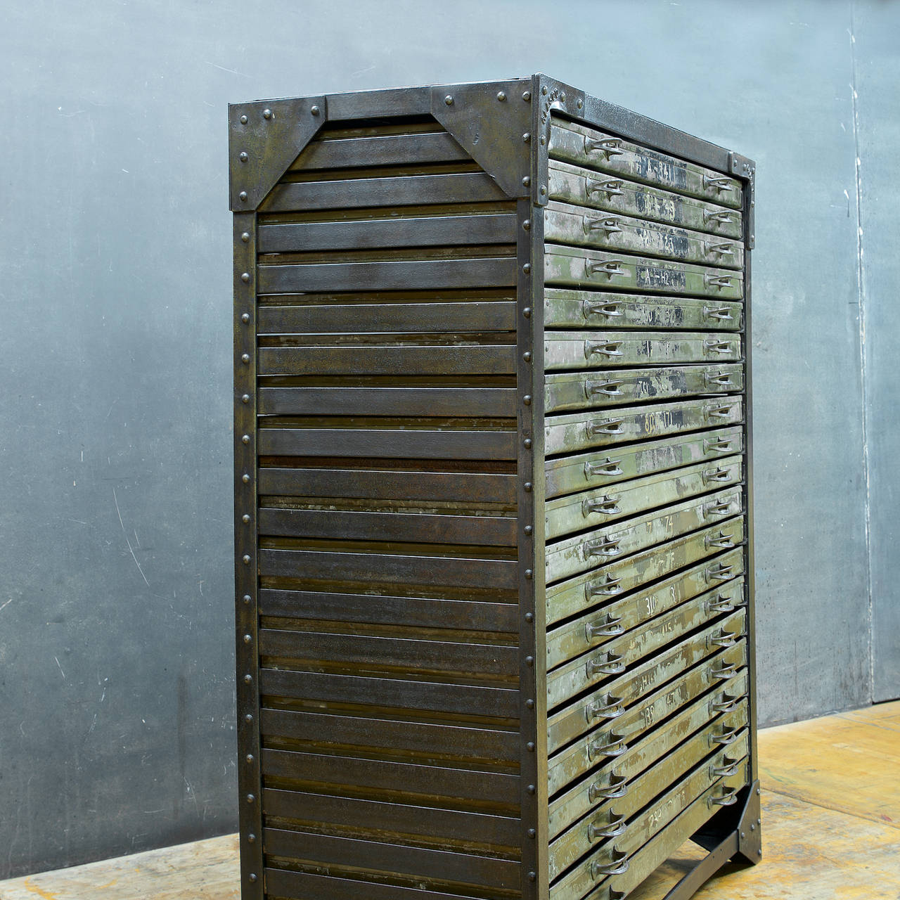 1910s Industrial Cast Iron Riveted Glasco Airfield Hangar Flat File In Good Condition In Hyattsville, MD