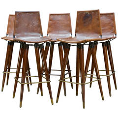 1960s Midcentury Leather Sling Iron Bar Stools