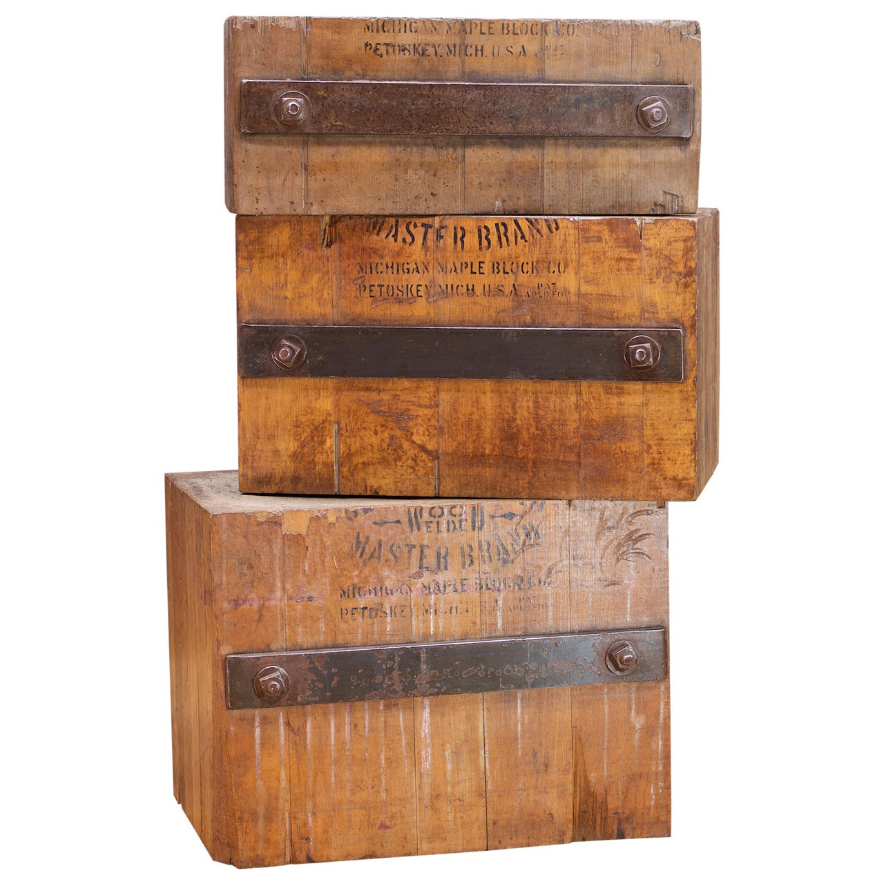 Leathermans Anvils Set 3 Solid Staved Maple Iron Sculpture Pedestal Table Blocks For Sale