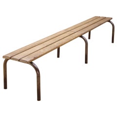 French Industrial Wood Steel Poolside Long Bench Prouve Perriand Malaval