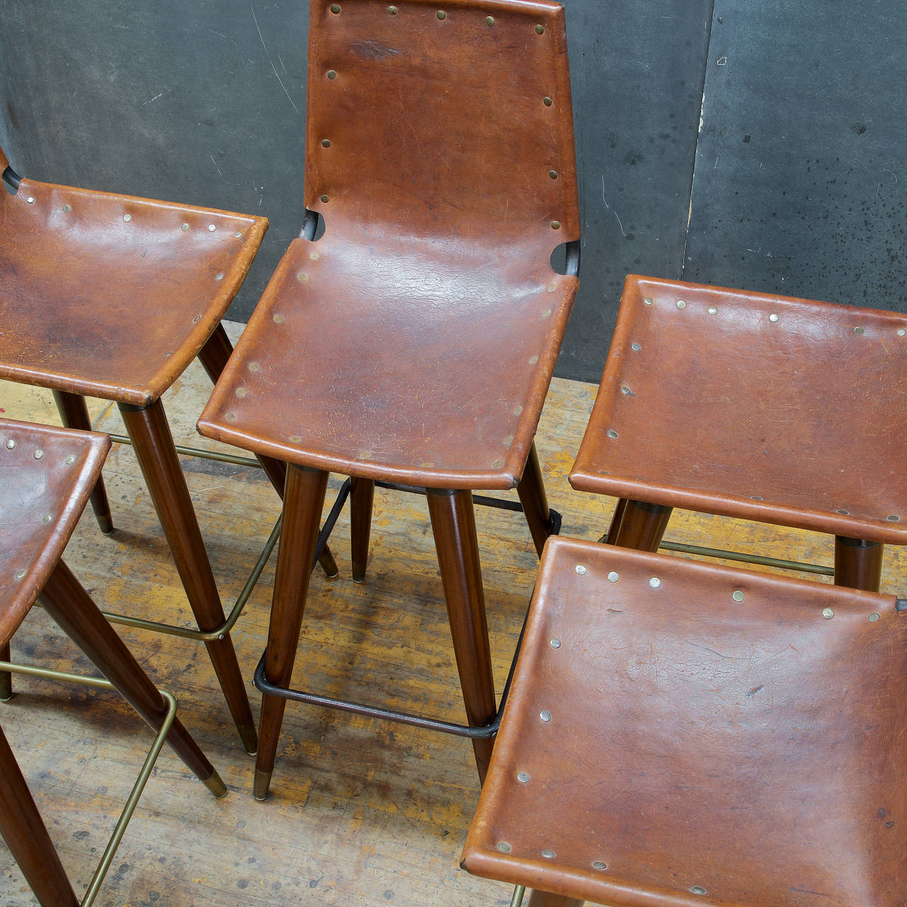 1960s Midcentury Leather Sling Iron Bar Stools In Good Condition In Hyattsville, MD