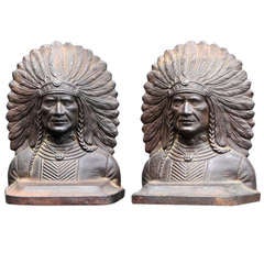 Antique Native American Indian Chief Metal Library Book Ends