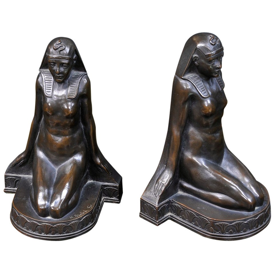 Egyptian Revival Bronze Griffoul Bookends Sculptures Statuettes