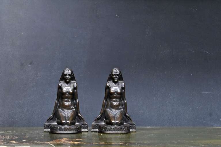 Cast Egyptian Revival Bronze Griffoul Bookends Sculptures Statuettes