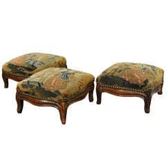 Antique Set of 3 French Louis XV Walnut Footstools with Aubusson tapestry