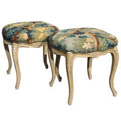Pair of late 19th C. Louis XV painted stools with Aubusson tapestry