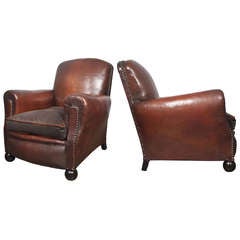 French Vintage Pair of Leather Club Chairs