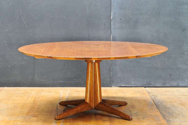 Rare Bleached Mahogany Saltmann Transformer Table. Hydraulic Dampener for Softly Lowering Table to Coffee Table Height, with a Turn. Transforming Dining Table with Leaves to Coffee Table. Good Vintage Conditions with Patina and Scratches to